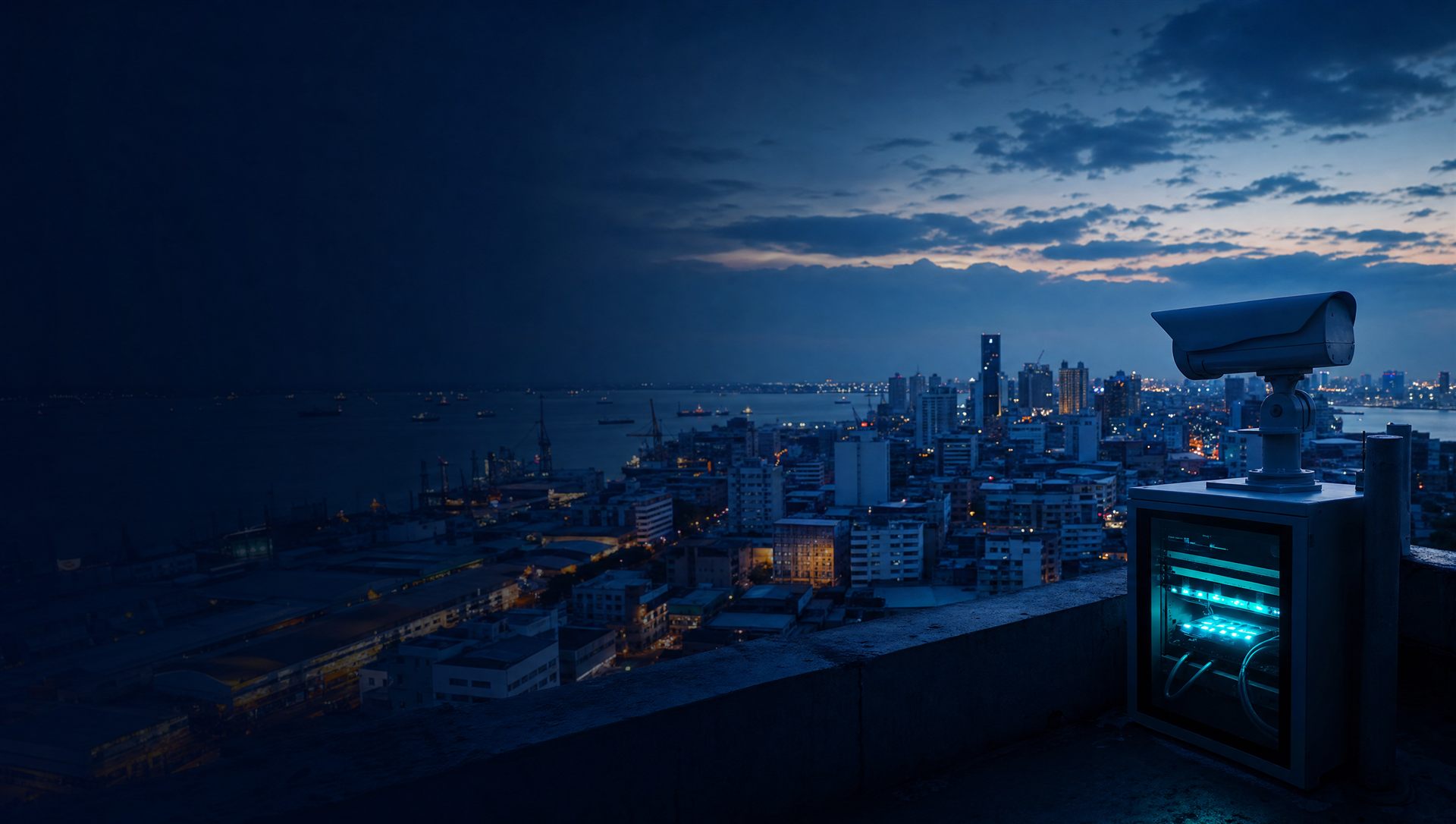 câmera de videovigilância sobre a cidade de Maputo ao anoitecer